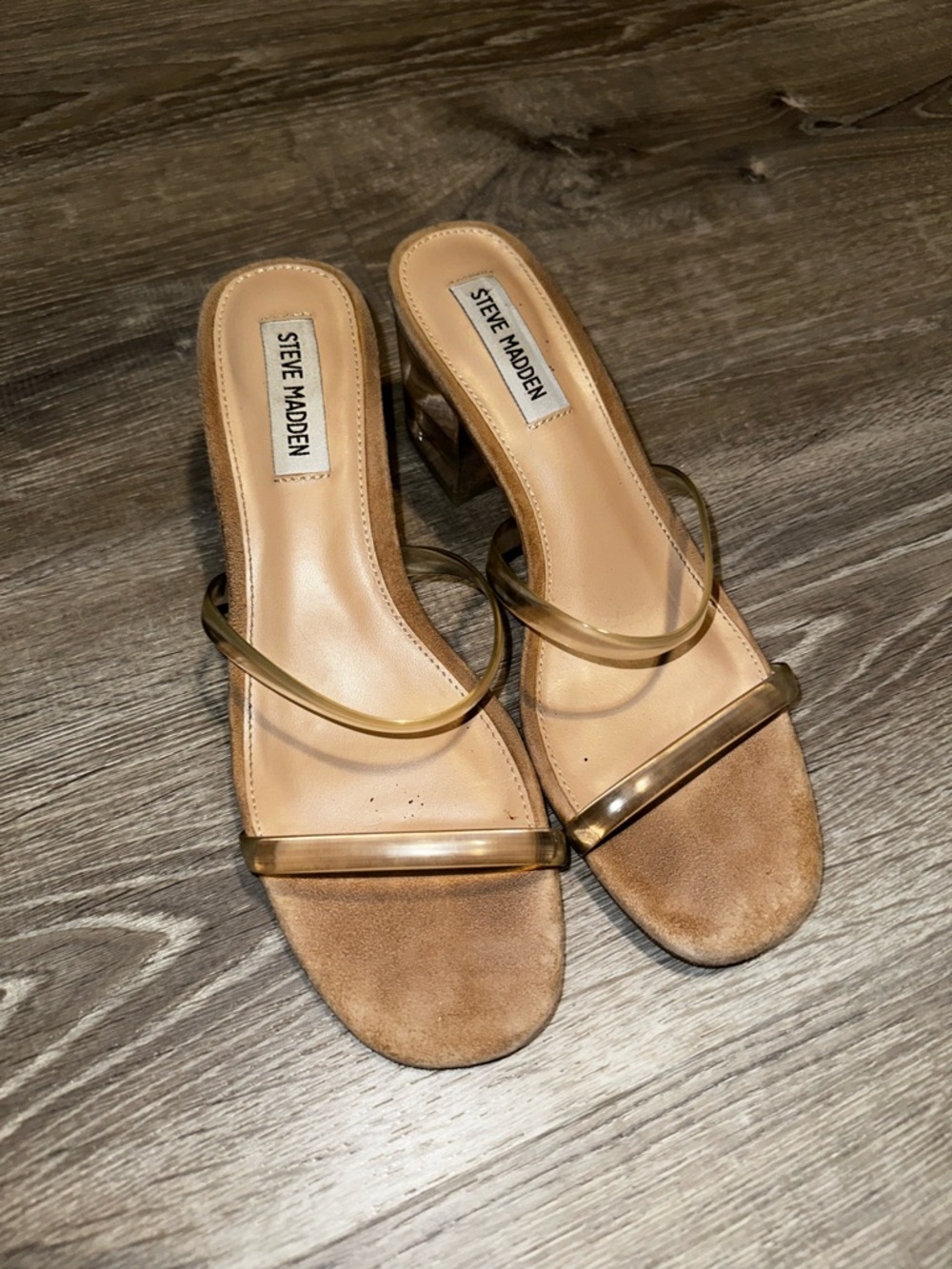 Steve Madden Tan Suede Block Heel Mules with Clear Straps SIZE 8